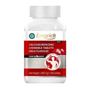 Longrich Complément Calcium, Fer & Zinc – Comprimés à Mâcher Goût Lait, 100 Comprimés