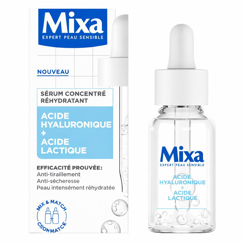 Mixa Sérum Concentré Réhydratant – Acide Hyaluronique + Acide Lactique – Peaux Sensibles (30 ml)